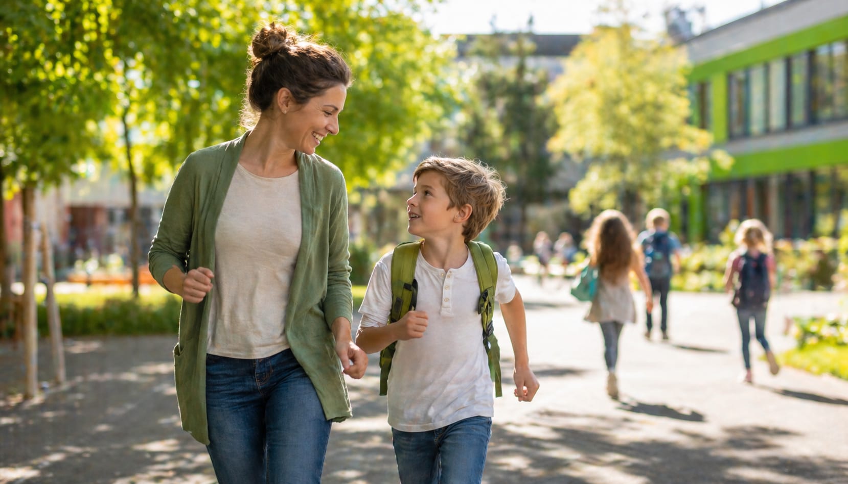 Schulbegleiterin und Schüler auf dem Weg zur Grundschule